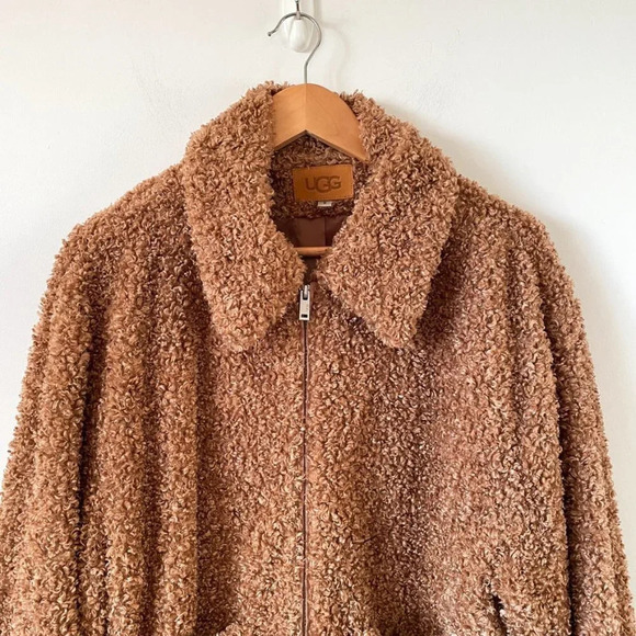 UGG Kaley Jackeline Camel Teddy Bear Oversized Jacket Zip Up Fur Coat Size Small - Picture 5 of 10